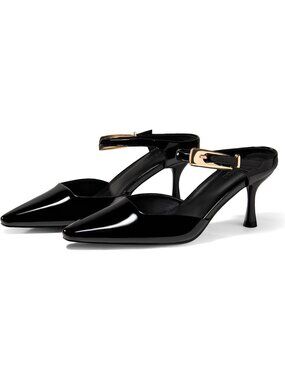 Women's Black High Heels Mules Closed Toe Ankle Buckle Strap Slip On Pumps Shoes